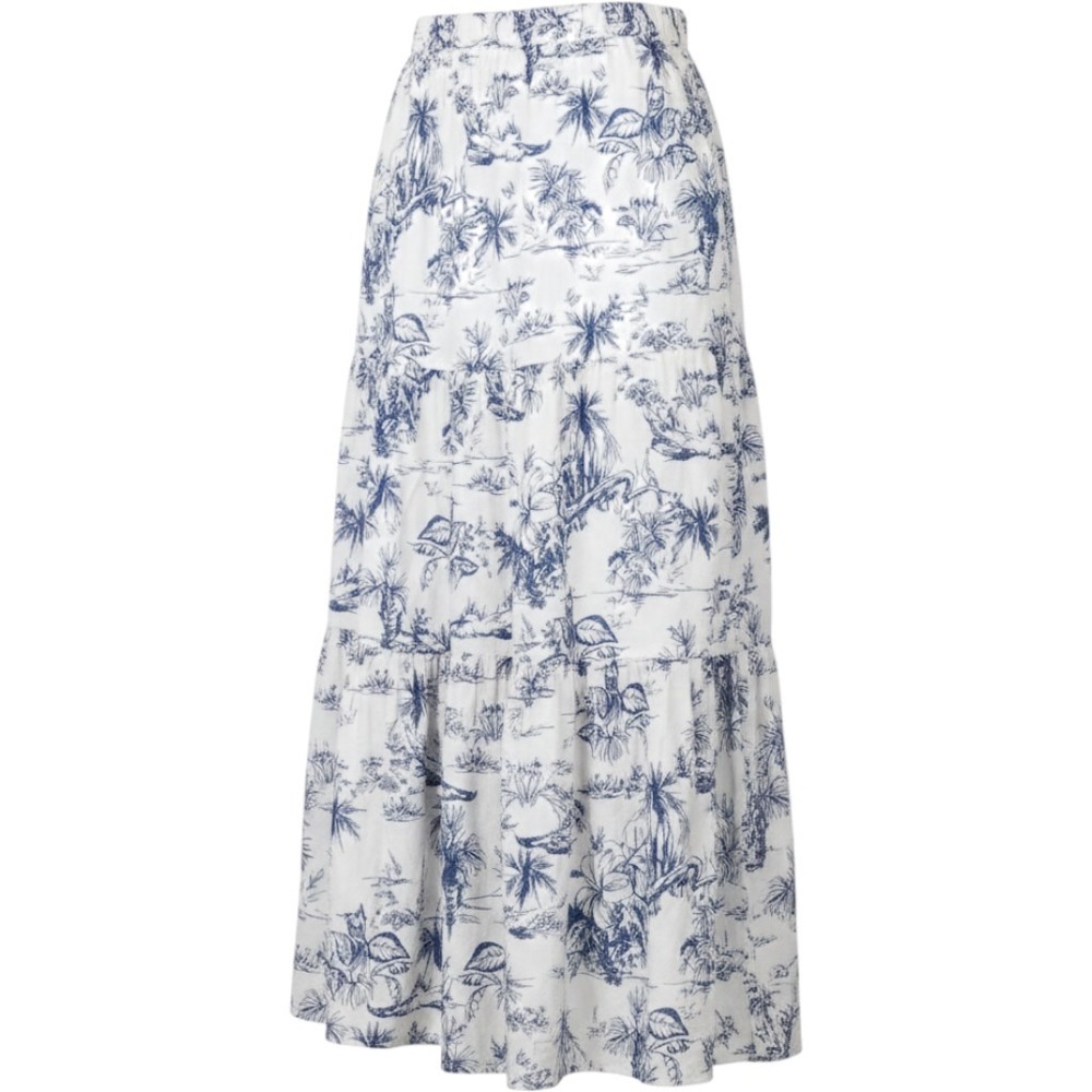 C&C California Women Blue White Tropical Toile Linen Blend Tiered Midi Skirt M